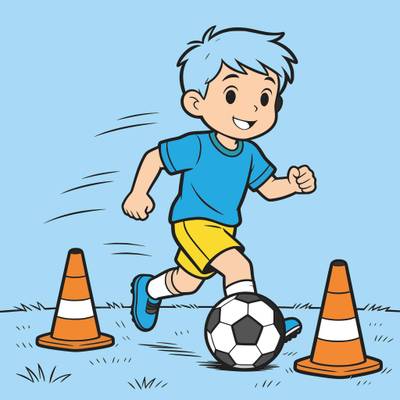 Version coloriée : Jeune footballeur en plein dribble