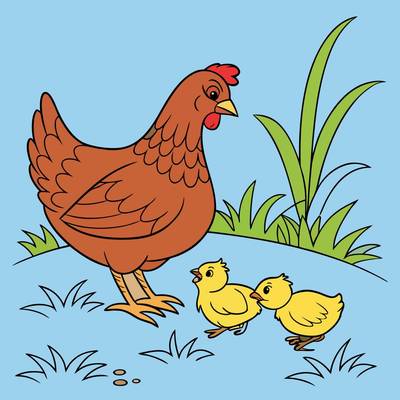Ingekleurde versie: Eenvoudige hen met twee kuikens
