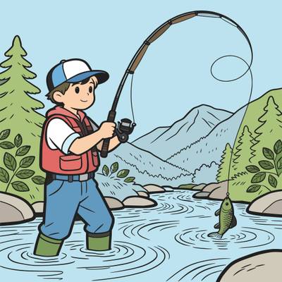 Version coloriée : Pêche à la mouche en rivière détaillée