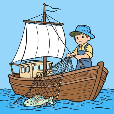 Versão colorida: Barco de pesca com pescador