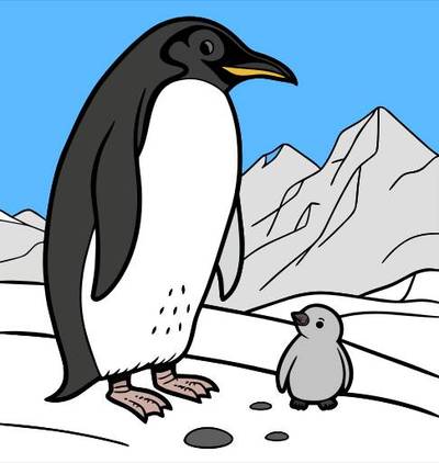 Versione colorata: Pinguino imperatore e pulcino tra le montagne