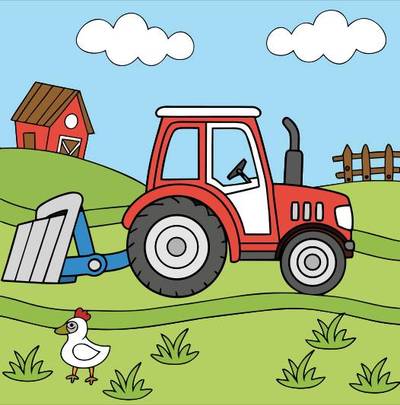 Colored version: Tractor and chick on a farm scene