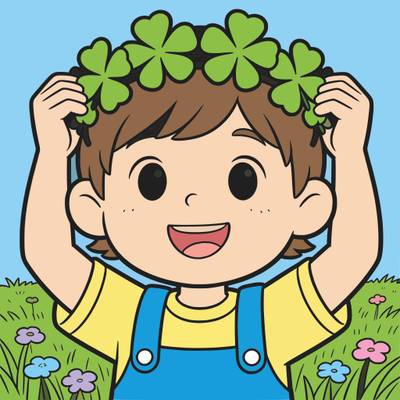 Ingekleurde versie: Kind met kroon van klavertjesvier