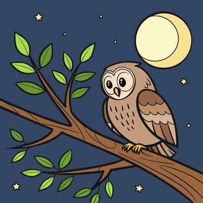 Versão colorida: Coruja sob a lua à noite