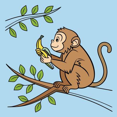 Version coloriée : Singe simple avec banane sur une branche