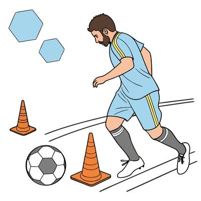 Version coloriée : Milieu de terrain dribblant entre des cônes