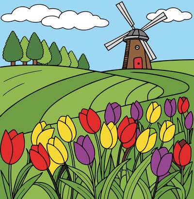 Versão colorida: Campo de tulipas com moinho