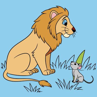Ausgemalte Version: Einfache Fabelszene mit Löwe und Maus