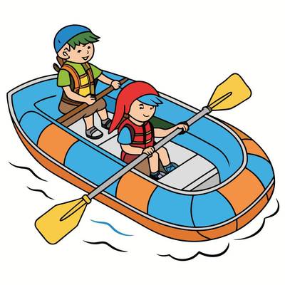 Versão colorida: Duas crianças em um bote inflável