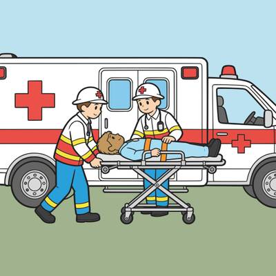 Ausgemalte Version: Sanitäter mit Patient am Krankenwagen