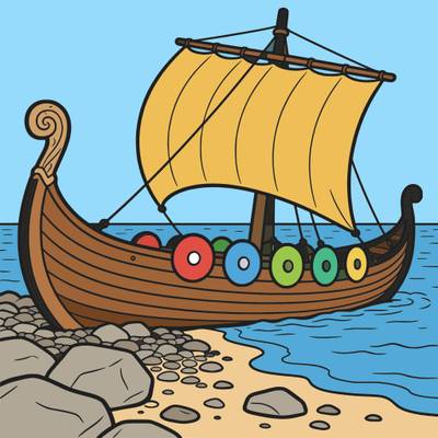 Versão colorida: Dracar viking na costa rochosa