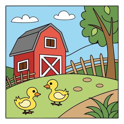 Colored version: Two ducks by a barn on the farm