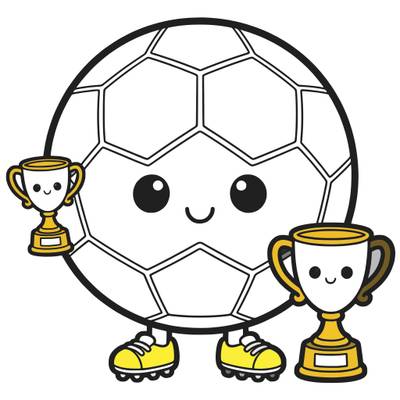 Version coloriée : Ballon de football kawaii avec trophées