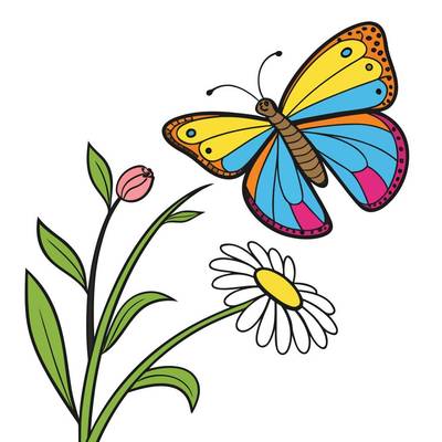 Versione colorata: Farfalla dettagliata accanto a un fiore