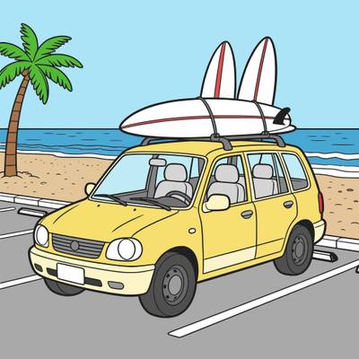Ausgemalte Version: Familienauto mit Surfbrettern am Strand