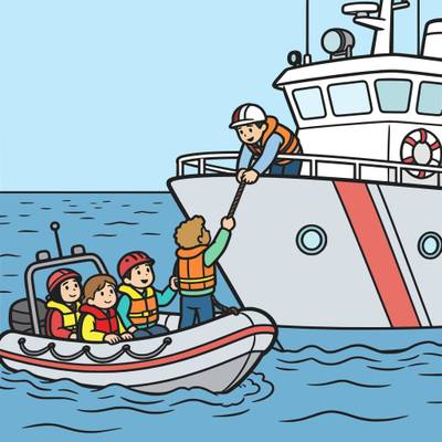 Versão colorida: Guarda costeira resgata pessoas em bote