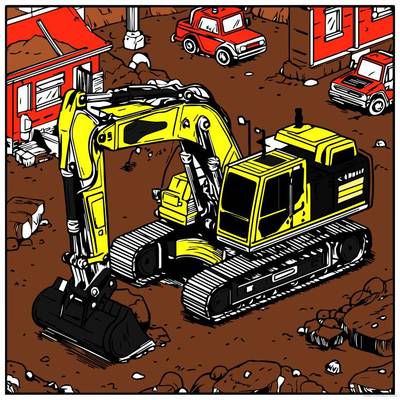 Ausgemalte Version: Bagger auf einer Baustelle