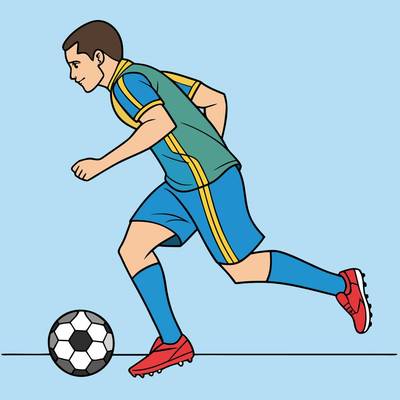 Version coloriée : Footballeur courant de profil avec ballon