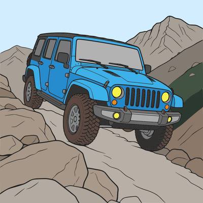 Ausgemalte Version: Detailreicher Geländewagen auf Bergpfad