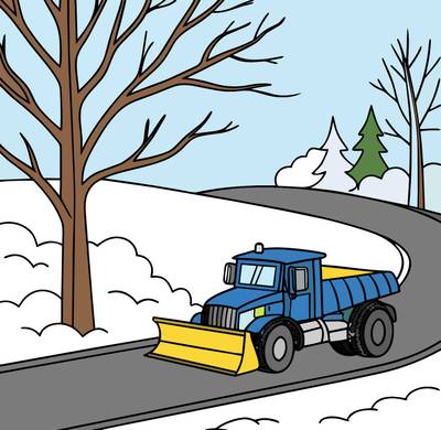 Ausgemalte Version: Schneepflug auf kurviger Winterstraße