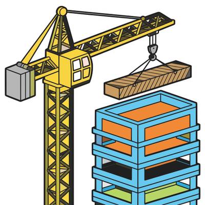 Ausgemalte Version: Turmdrehkran hebt Träger zum Hochhaus