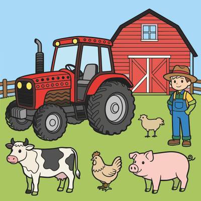 Fargelagt versjon: Gårdsmotiv med traktor og dyr