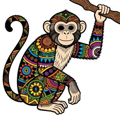 Ausgemalte Version: Komplexer Zentangle-Affe am Ast