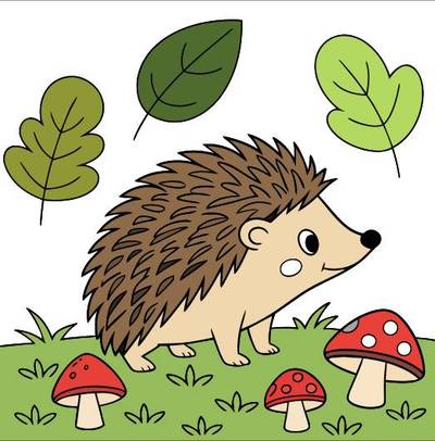 Ausgemalte Version: Igel mit Pilzen als Ausmalbild