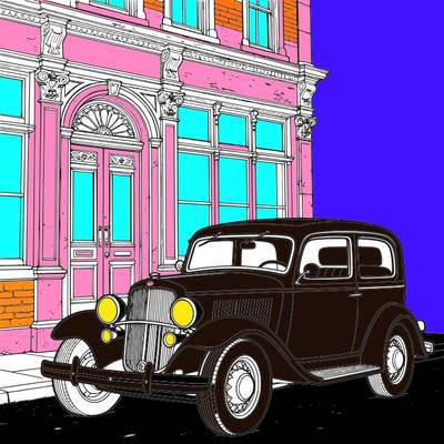 Ausgemalte Version: Detailreicher Oldtimer vor altem Gebäude