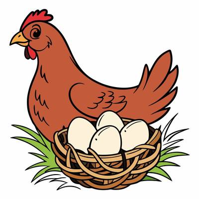 Ausgemalte Version: Henne mit Eiern im Nest