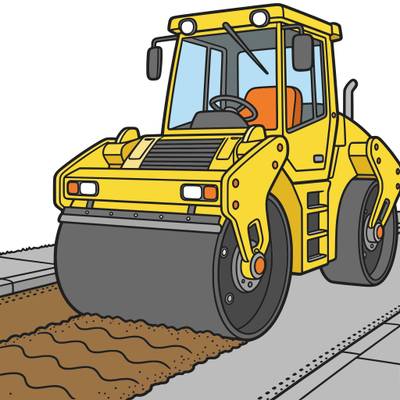 Ausgemalte Version: Detaillierter Walzenzug auf frischem Asphalt