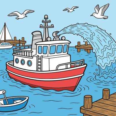 Versão colorida: Barco de bombeiros no porto