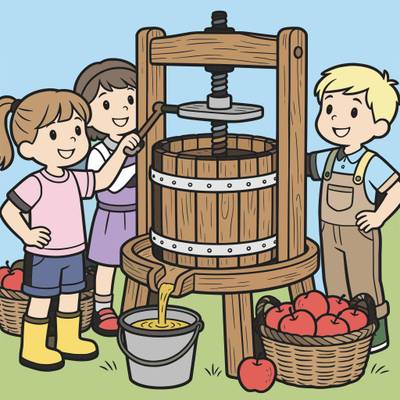 Farvelagt version: Børn presser æbler til cider