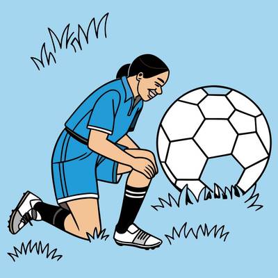 Version coloriée : Joueuse de football à genoux avec ballon