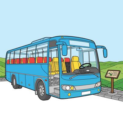 Versão colorida: Ônibus de turismo no mirante