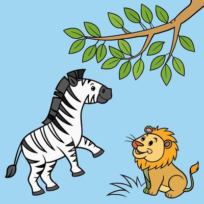 Färglagd version: Zebra och lejon under trädgren