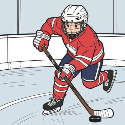 Ausgemalte Version: Eishockeyspieler mit Schläger und Puck