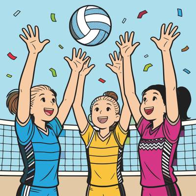 Ausgemalte Version: Volleyball-Jubel mit drei Spielerinnen