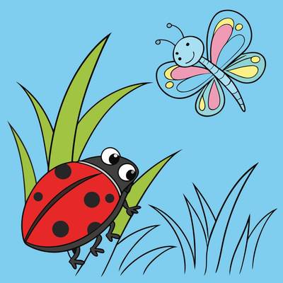 Versão colorida: Joaninha na grama com borboleta