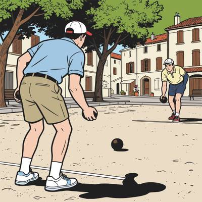 Ausgemalte Version: Pétanque-Spieler auf dem Dorfplatz