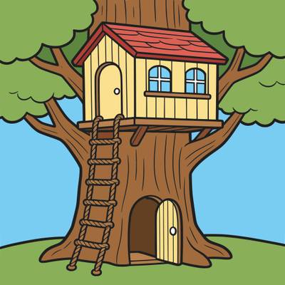 Versão colorida: Casa na árvore com escada de corda