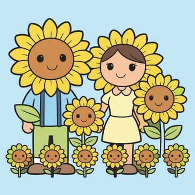 Ausgemalte Version: Sonnenblumenfamilie in einer Reihe