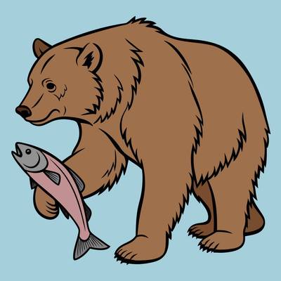 Farvelagt version: Grizzlybjørn med laks i nærbillede