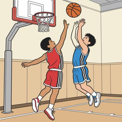 Ausgemalte Version: Basketball-Rebound am Korb