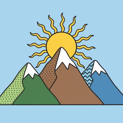 Version coloriée : Soleil levant derrière des montagnes à motifs