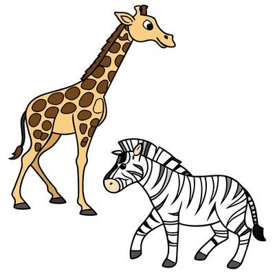 Version coloriée : Girafe en dessin animé avec zèbre en marche