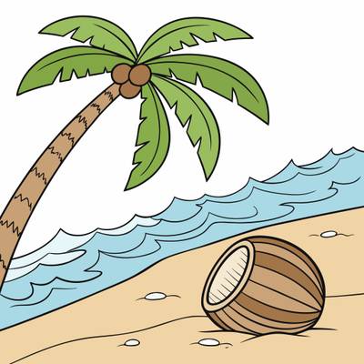 Fargelagt versjon: Kokosnøtt på stranden ved en palme