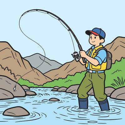 Versão colorida: Criança pescando em um riacho