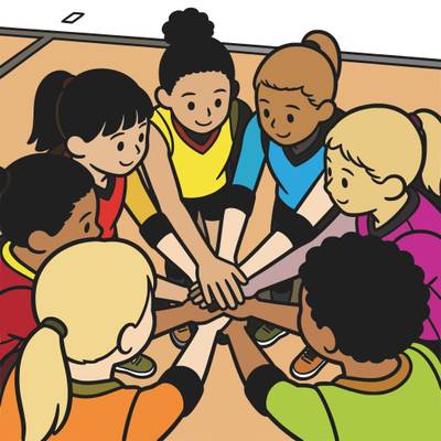 Versão colorida: Roda do time de vôlei vista de cima