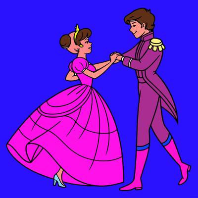Ingekleurde versie: Prinses en prins die samen dansen